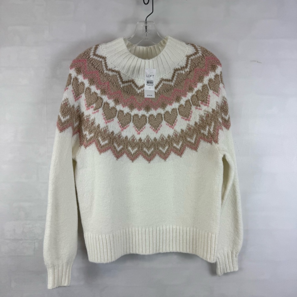 LOFT Heart Fair Isle Sweater White Pink‎ Metallic Pullover NWT XS